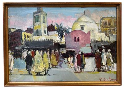 an oil painting of a city street scene with people and buildings