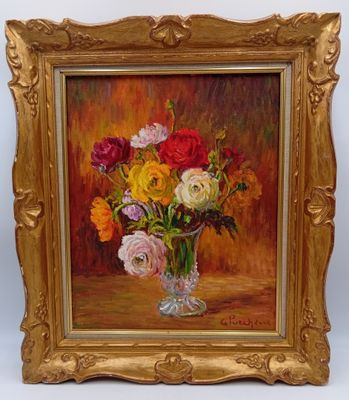 une peinture à l'huile représentant un vase de fleurs sur une table
