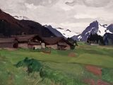 un tableau représentant une maison dans un champ, avec des montagnes en arrière-plan
