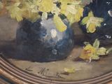 a painting of yellow flowers in a blue vase on a table