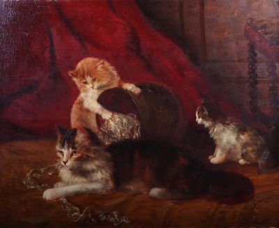 un tableau représentant un chat et deux chatons dans une pièce