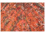 an abstract painting of orange and green leaves on a white background