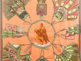 an orange scarf with a picture of a man riding a horse in a circle
