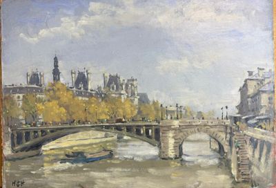 un tableau représentant un pont enjambant une rivière, sur lequel se trouve un bateau