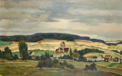 une image représentant un tableau représentant un paysage rural avec une église au loin