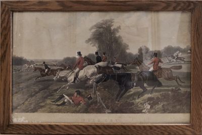 painting of a group of men riding horses in a field