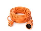 a close up of an orange extension cord with two plugs