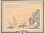 dessin représentant un bateau sur un plan d'eau près d'une rive rocheuse