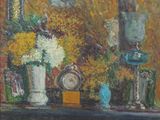 a painting of flowers and a clock on a table