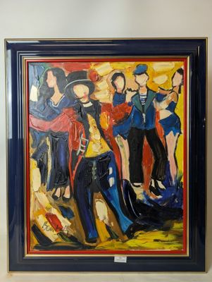 painting of a group of people standing in front of a white wall