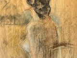 drawing of a woman sitting in a chair looking out a window