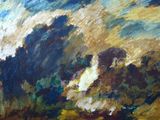 une peinture à l'huile représentant un train traversant une campagne rurale