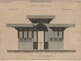 an old drawing of a building with a porch and a door