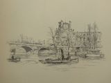 a drawing of a boat on the water near a bridge