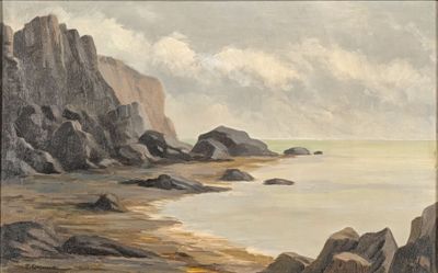 a painting of a beach with rocks and a body of water