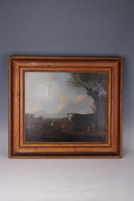 an oil painting of a cow in a pasture by a tree