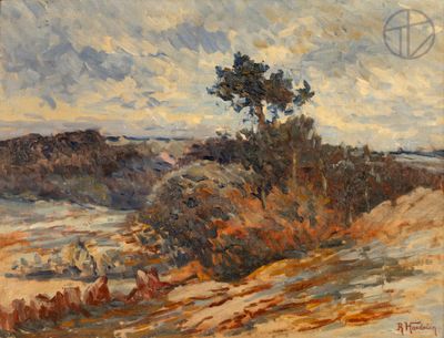an image of a painting of a landscape with a tree in the foreground