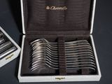 a lot of silver spoons in a case on a table