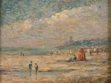 painting of a beach scene with people walking on the sand and a lighthouse in the distance
