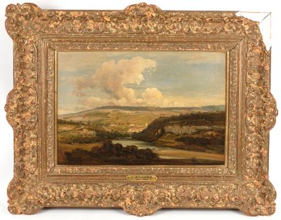 une peinture à l'huile représentant un paysage avec une rivière au premier plan