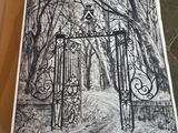 a picture of a drawing of a gate in the woods
