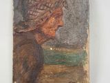 an old painting of a woman with a hat sitting on a table