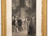 a painting of a group of people standing in front of a building
