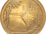 gold medal with a ship and palm trees on it on a white background