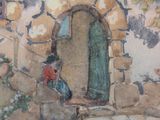 a painting of a man sitting outside of a stone building