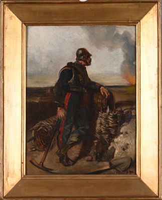 une image représentant un tableau où l'on voit un homme avec un cheval et un chien