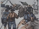 painting of a group of people walking down a dirt road