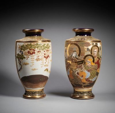 pair of japanese vases decorated with scenes of women and men