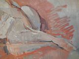 an oil painting of a woman laying on a bed with her legs crossed