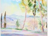 une peinture d'un paysage avec des arbres et des montagnes en arrière-plan