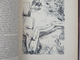 an open book with a black and white drawing of a woman sitting on a bench