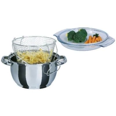 a silver pot with a strainer and a plate with broccoli and carrots