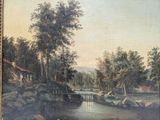 a painting of a river with rocks and trees in the background