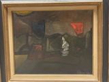framed oil painting of a horse and rider in a stable by a man