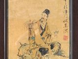 une peinture orientale représentant un homme à cheval accompagné d'un chien