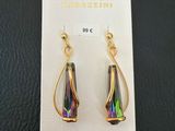 a pair of gold tone earrings with a rainbow colored glass tear