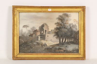 an image of a painting of a river scene with a castle in the background
