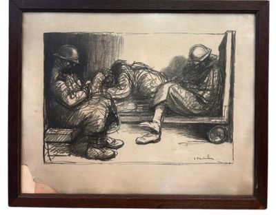 drawing of a man sitting on a bench next to another man in a chair