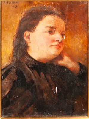 une peinture à l'huile représentant une femme en robe noire, la main posée sur le menton