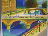 peinture d'un pont sur une rivière avec un bâtiment en arrière-plan