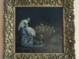 a picture of a painting of a bird and a basket of fruit