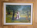 une photo d'un tableau représentant une femme vêtue d'une robe rouge et blanche