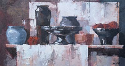 un tableau représentant des vases et des bols posés sur une table