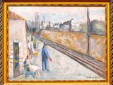 une peinture d'un homme marchant dans la rue