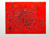 an image of a red painting with black and white lines on it