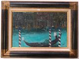 un tableau représentant une gondole, encadré de noir, accroché au mur